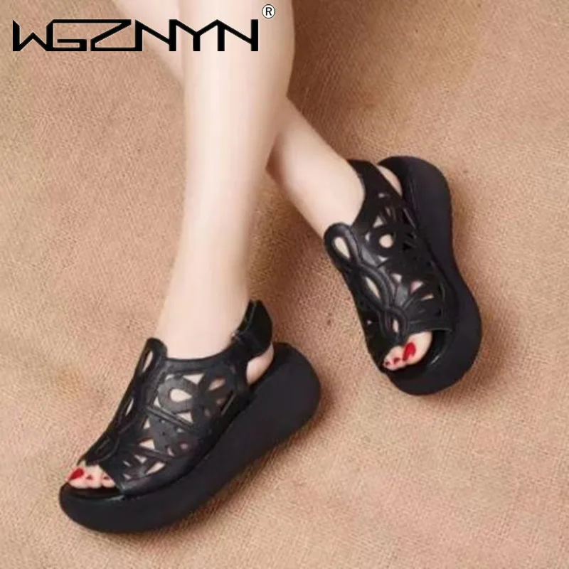 2022 NEW Summer Women Sandals Genuine PU Leather Wedges High Heel Platform Hollow Peep Toe Female Ladies Shoes Zapatos De Mujer