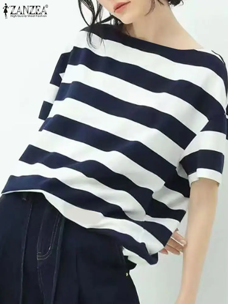 

ZANZEA Korean Fashion Stripes T-Shirt 2024 Casual Loose Blouse Women Summer Drop Shoulder Short Sleeve Tops Daily Basic Tunic