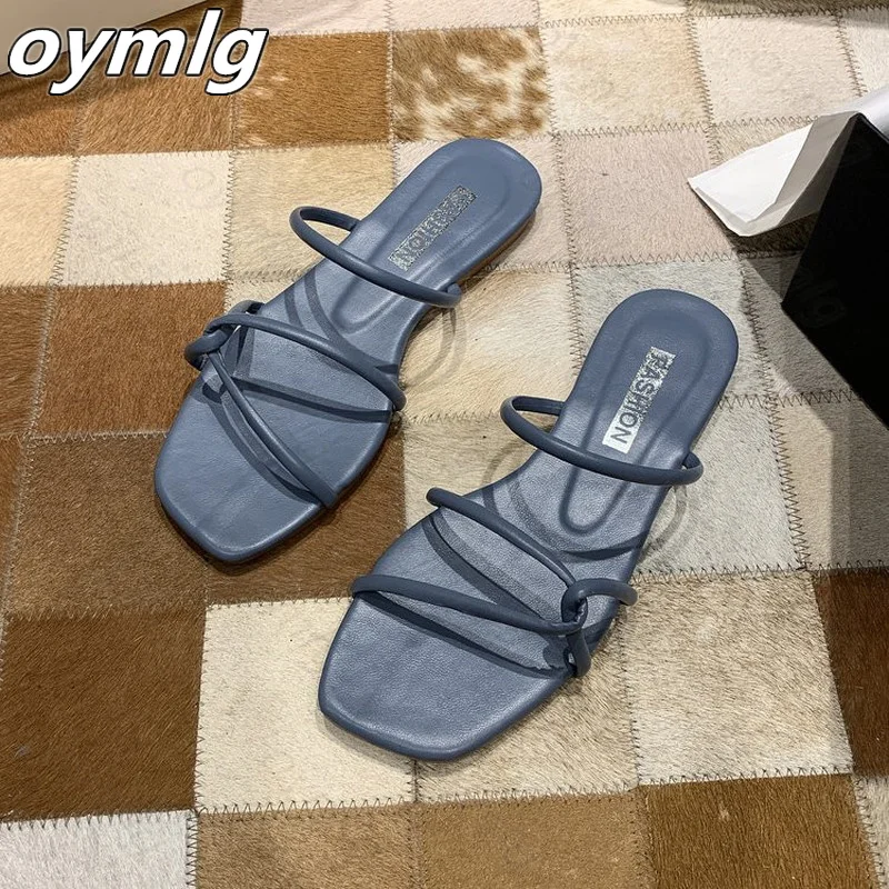 2021 Slippers women summer  Korean version new square-toe flat-heel candy color fashion outer wear sandals slippers