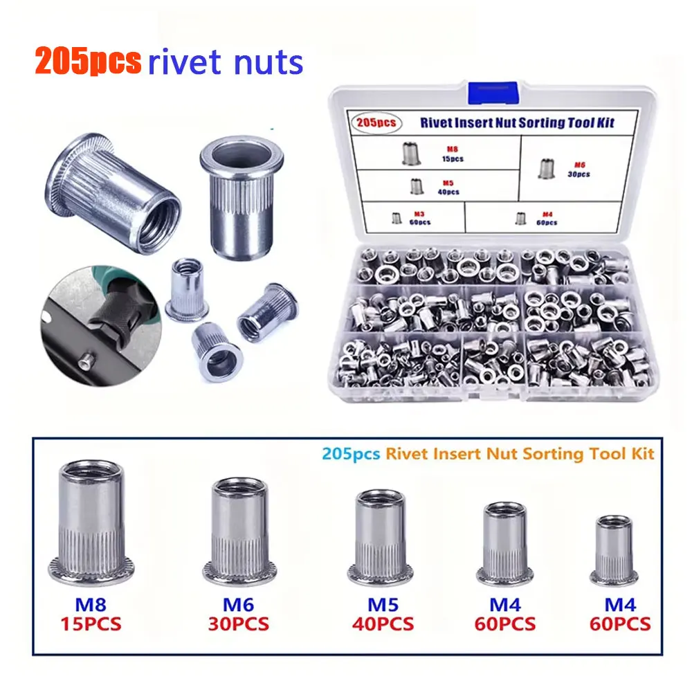 70PCS/205PCS AluminumNut Tool Kit Metric Combination Set Aluminum Knurled Flat Head Thread Insert Nut Set for DIY Projects