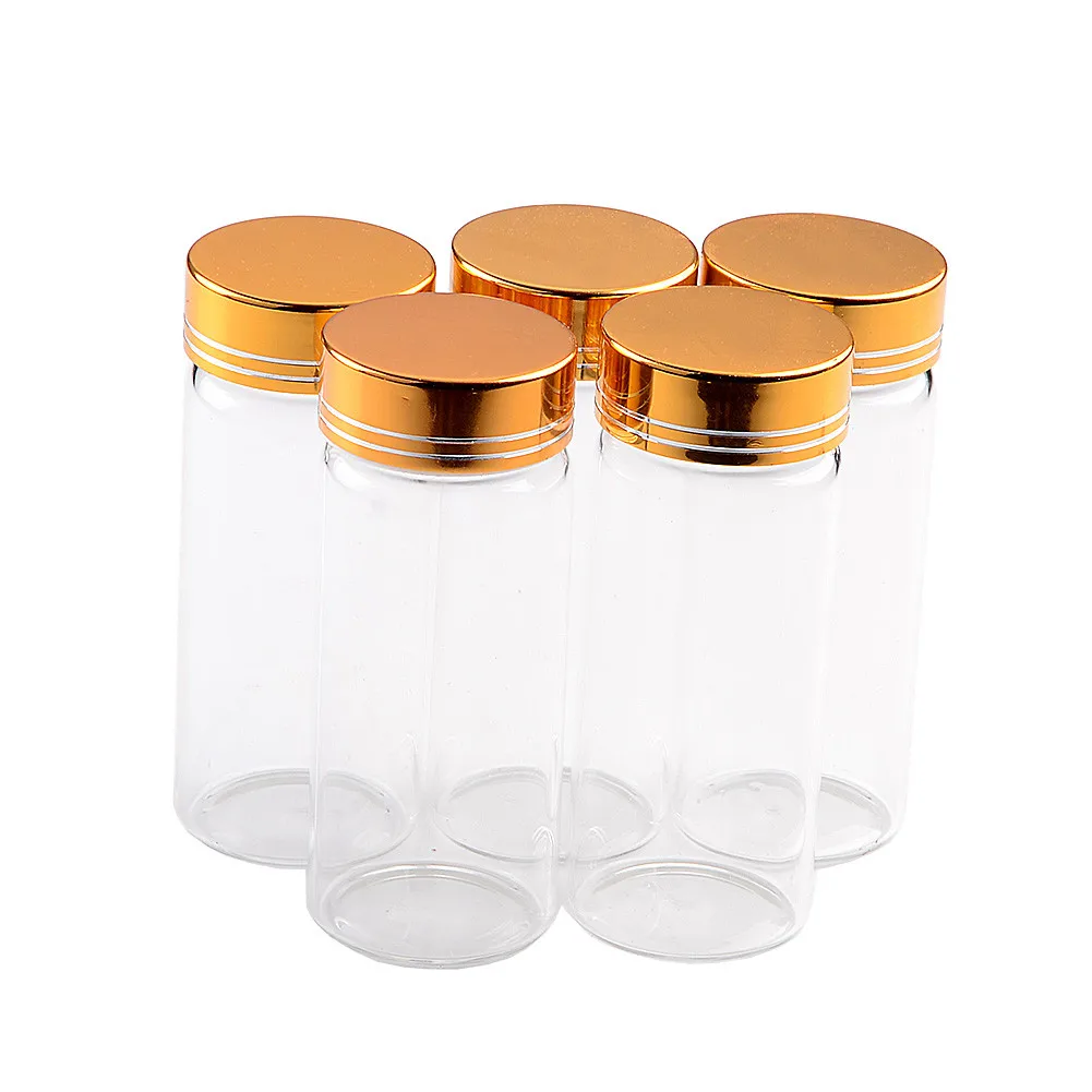 Botella de vidrio 20ml 50ml 65ml 90ml botellas de almacenamiento de vidrio con cubierta de tornillo dorado dulces vacíos píldoras de vainilla Perfume de alimentos 6 uds