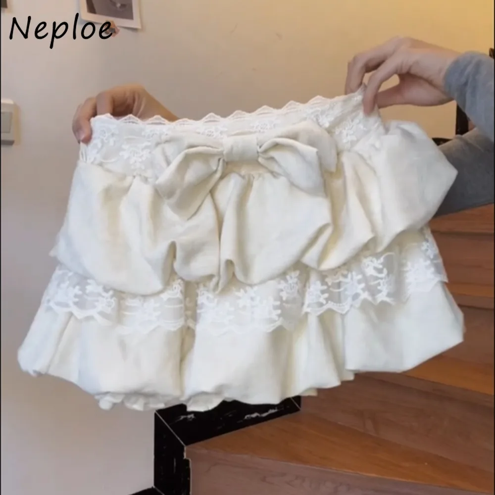 

Neploe New French Style Spice Girls Sweet Mujer Faldas Velvet Lace Bow Patchwork Bud Skirt Minority Ball Gown All-match Falda