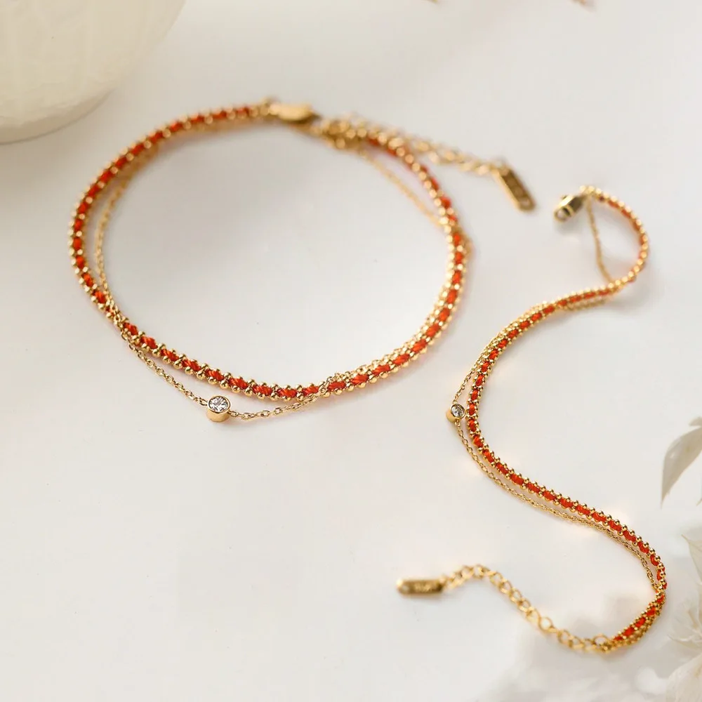 New Double-layer Single Diamond Red Rope Bracelet for Women, Exquisite and High-end, Personalized Design Ankle Chain Accessories
