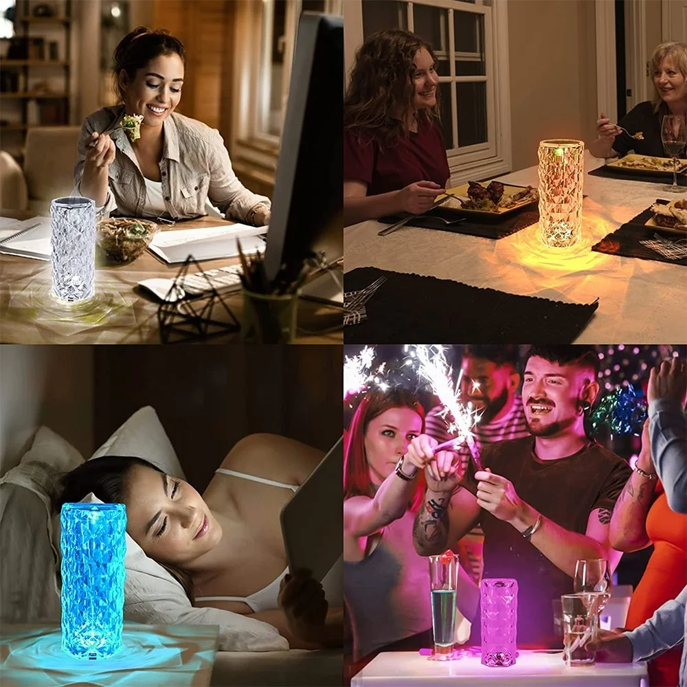 LED Crystal Table Lamp Rose Light Projector 3/16 Colors Touch Adjustable Romantic Diamond Atmosphere Light USB Touch Night Light