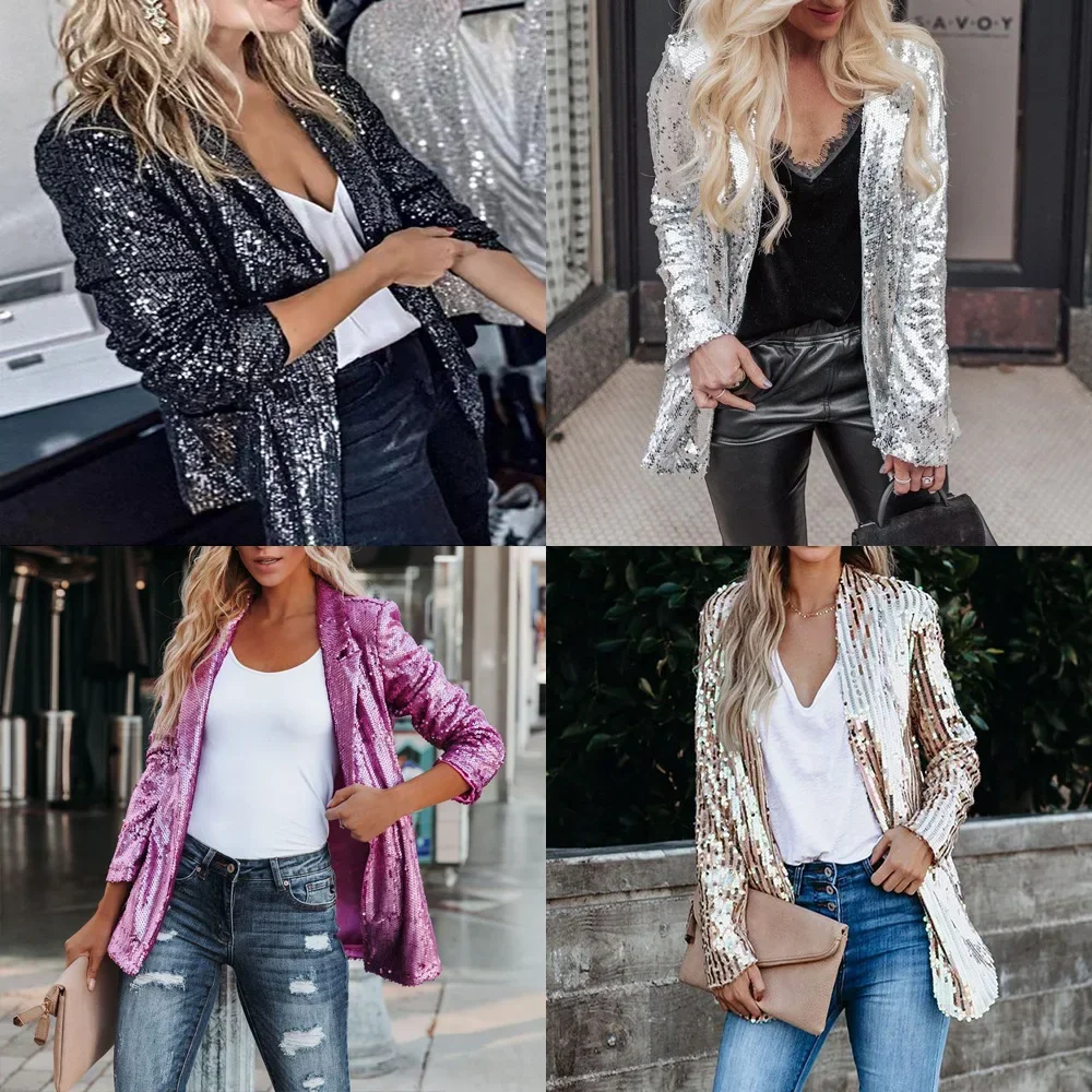

2024 Women's Small Suit Solid Color Irregular Casual New Coat Autumn Fashion Sequins Long Sleeve Elegant