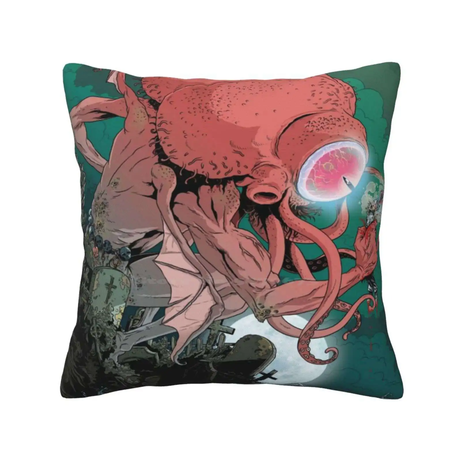 Cthulu Pillow Cover Hug Pillowcase Comic Sea Graphic Pinup Sailor Dark Nahum Ziersch Red Clouds Green Water Grave Stone Eye