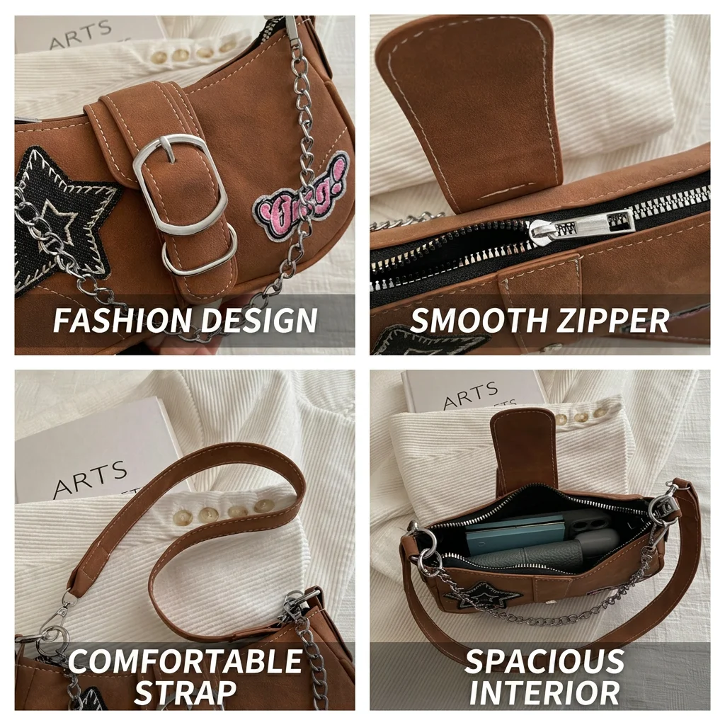 Multi-Way Underarm Bag Trendy Women'S Crossbody Bag Vintage Shoulder Bag Eye-Catching Star Detail Handbag For Commute Casual
