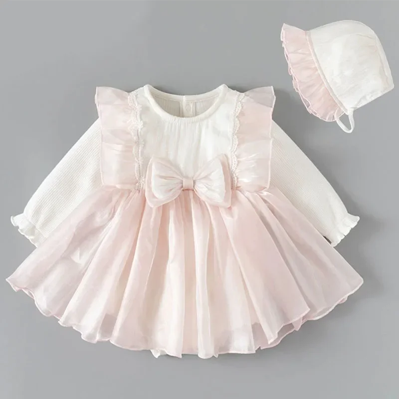 

2PCS Spring Autumn Newborn Girls Clothes Korean Cute Bow Mesh Long Sleeve Princess Baby Dresses+Hat Toddler Birthday Dress B044