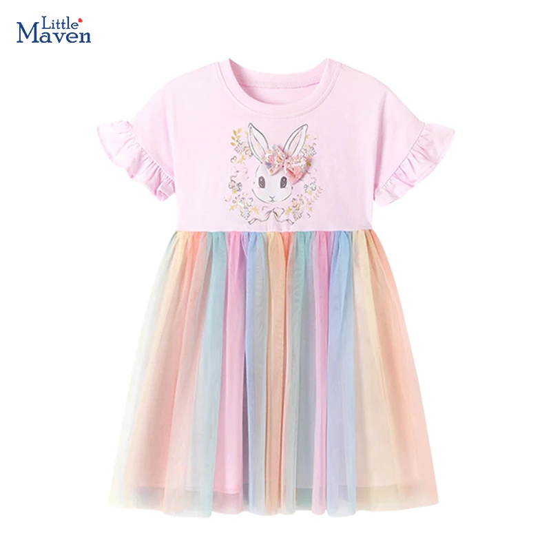 

Детская одежда Little maven для девочек, лето 2026: платья с мультяшными кроликами и принцессами, сетчатые платья на день рождения, для детей 2-7 лет