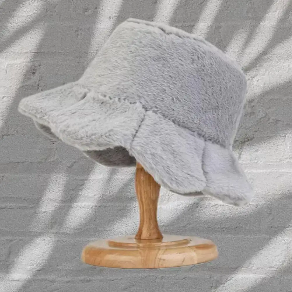 Faux Rabbit Fur Bucket Hat Soft Plush Women's Winter Fisherman Hat Windproof Warm Lightweight Basin Cap with Flower for Outdoor