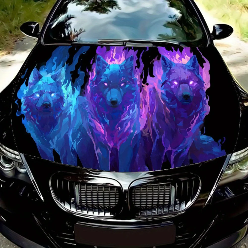 

Wild Roar in Blue - Purple Flames Car Vinyl Wrap, PVC Waterproof Car Hood Sticker, Self-Adhesive Scratch-Resistant Stickers for
