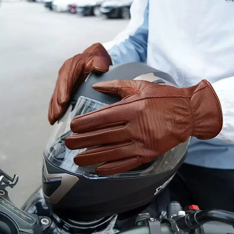 

Genuine Leather Sheepskin Cycling Gloves Retro Style Reinforced Palms Durable Wear-resistant Men's Off-road Motorcycle Gloves