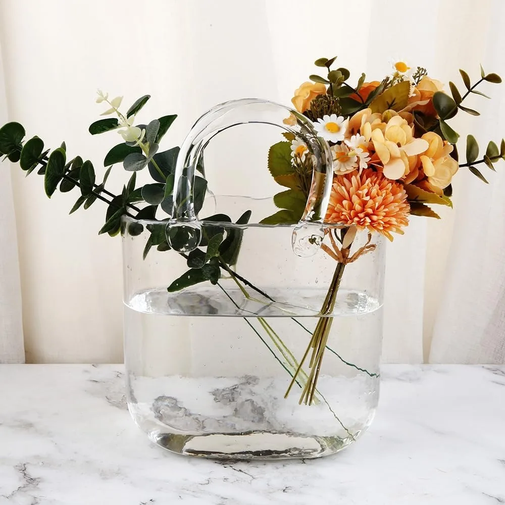 مجموعة مزهرية زهور زجاجية شفافة مكونة من 6 قطع - مزهريات زخرفية مصنوعة يدويًا للقطع المركزية الأنيقة