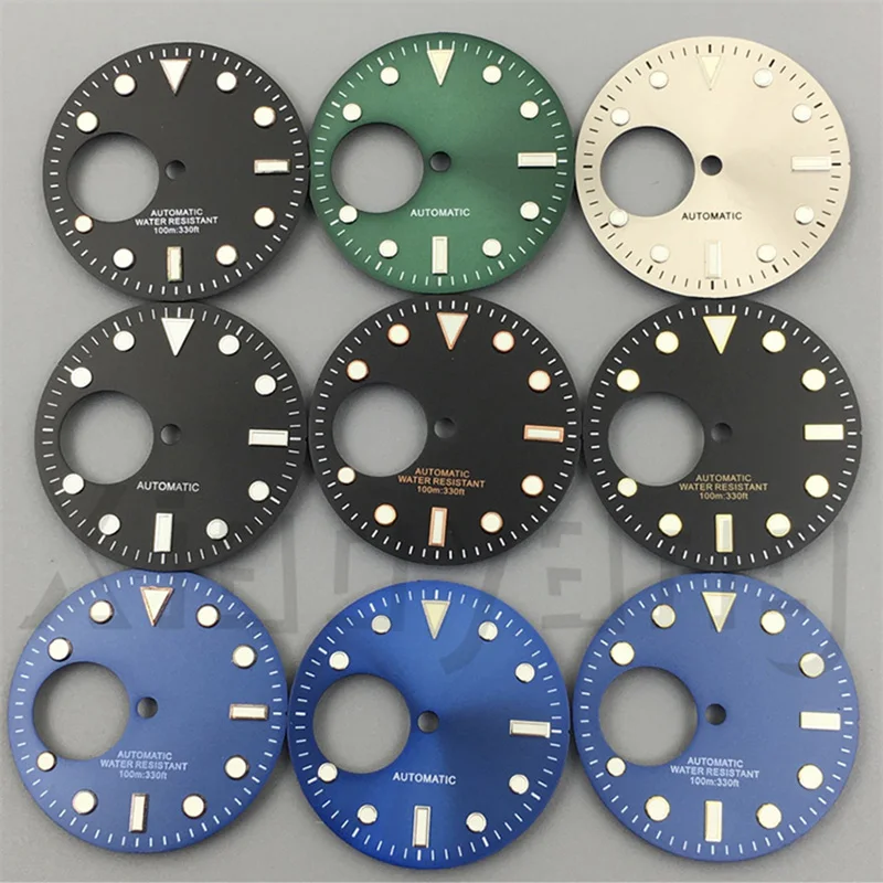 29mm Hollowed Out Watch Dial Black Blue Green Gray Dial Silver Rose Edge Index With C3 Green Luminous Fit  NH38 Movement Replace