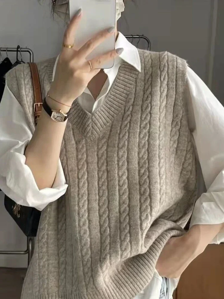Suéter sin mangas con cuello en V para mujer, chalecos sólidos suaves y acogedores de punto Harajuku Unisex, informal, básico que combina con todo,