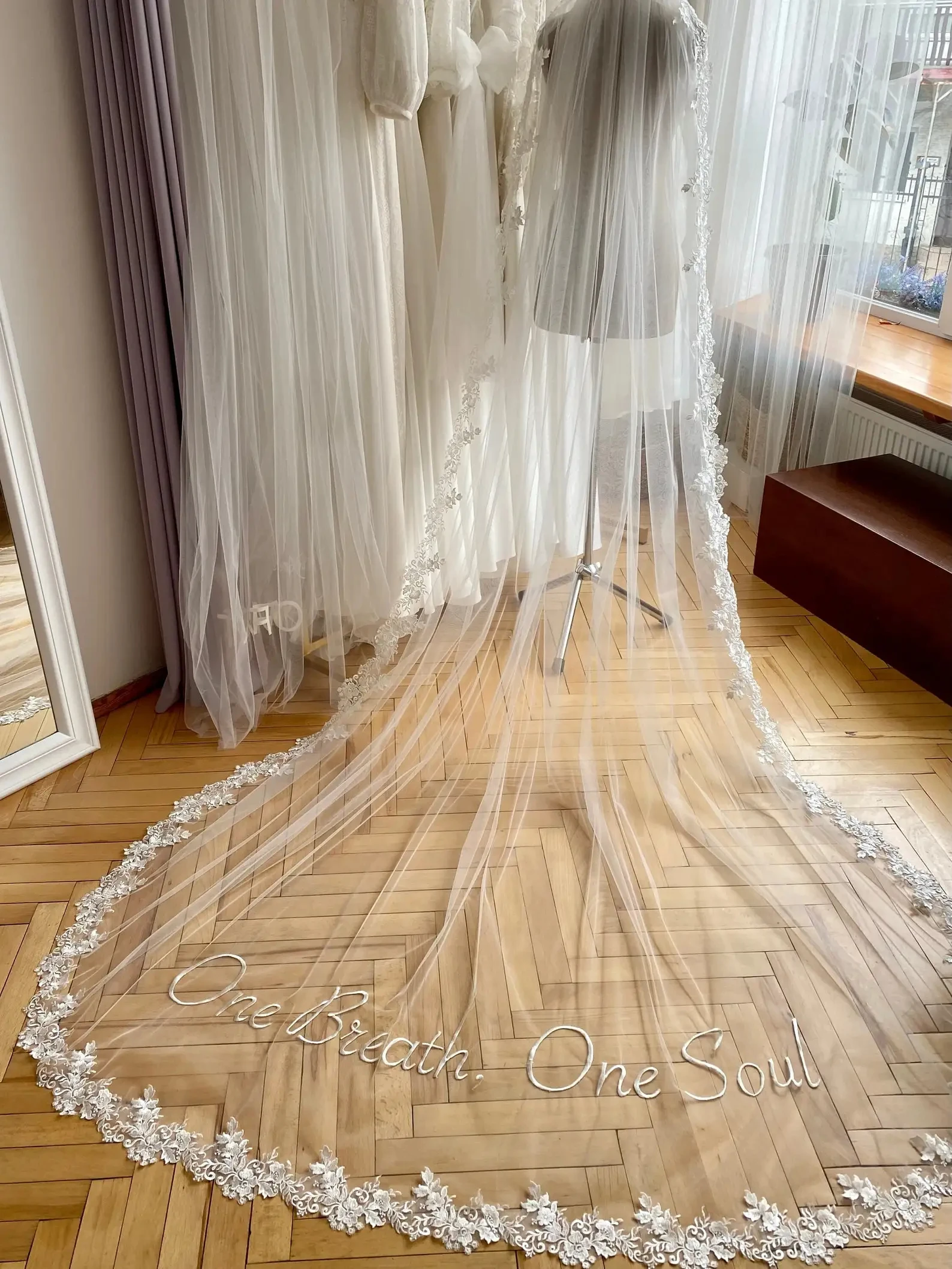 lace edged Custom wedding veil Personalized Embroidered Words Blusher Cathedral Long Bridal Veil one breath one soul