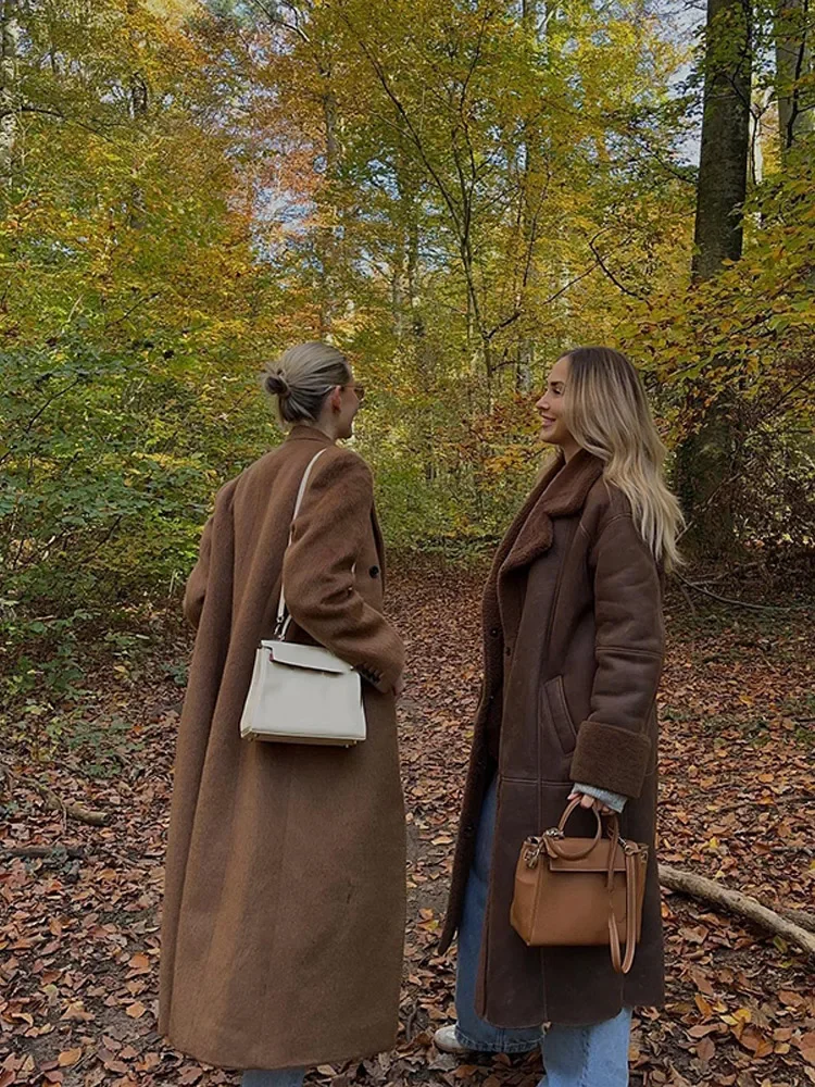 Chaqueta larga de cuero marrón elegante para mujer, abrigo con forro de Sherpa y bolsillo de Laple a la moda, prendas de vestir elegantes para