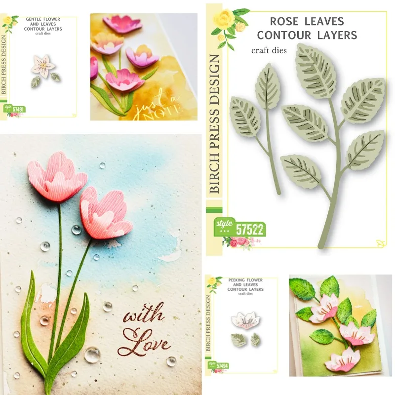 Mutual Achievement of Two Leaves and a Flower Metal Cutting Dies Slimline Essentials Scrap Booking Card Stencil Cut Die for DIY