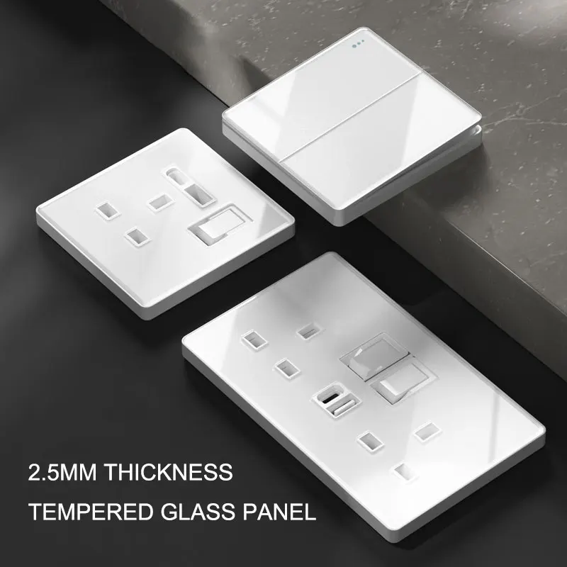 

Tempered Glass Wall Light Switch Universal Wall Socket with USB Type C Power Plug, 1 Gang UK A C Socket Fluorescent Lamp White