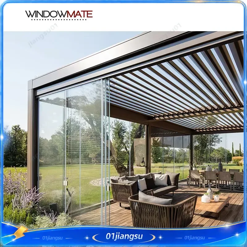 Automatic Aluminum Pergola with Sliding Glass Roof Outdoor Patio Gazebo Waterproof Sunshade Canopy Garden Awning Shelter
