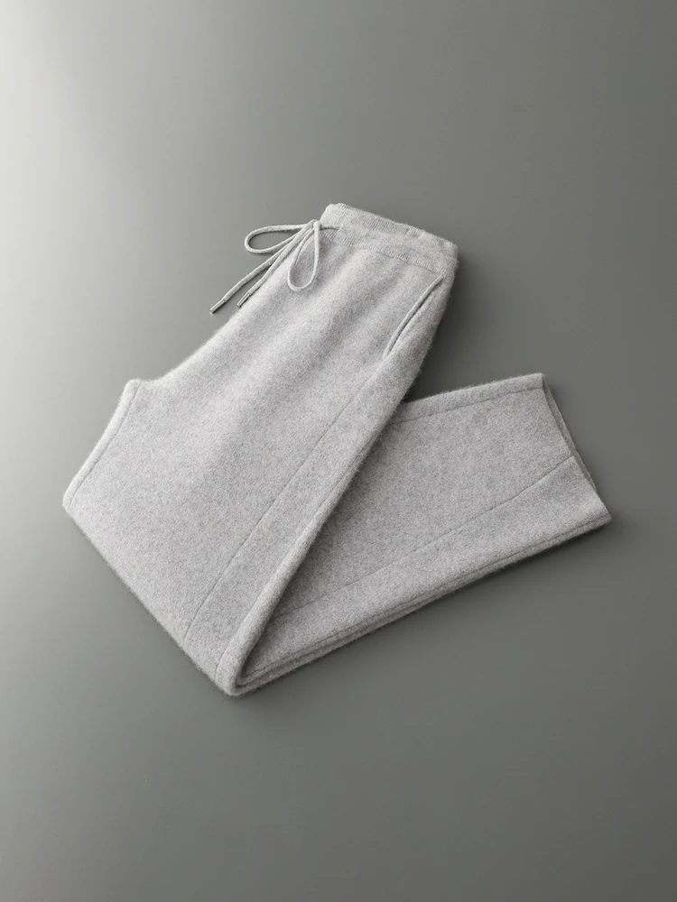 High Street Men's Pants 100% Merino Wool Pants Autumn Winter Wide Leg Trousers Casual Thick Warm Knitted Bend Knife Pants Commut