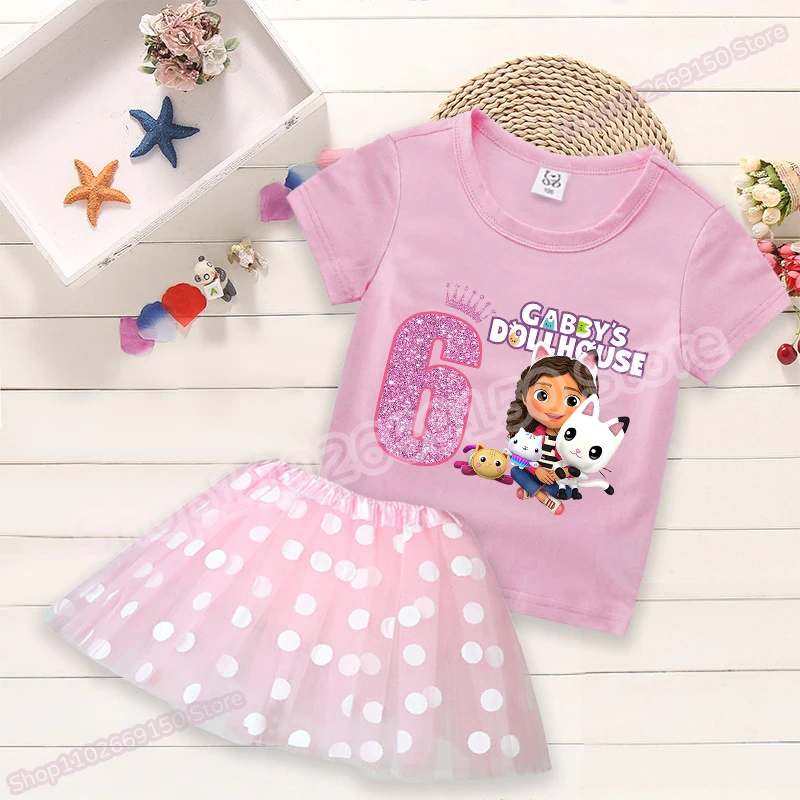 Kawaii Gabby Dollhouses Girls Birthday Party Odzież dla dzieci Cartoon Cute T-shirt Skirt Set Summer Children Anime Casual Suit Gift