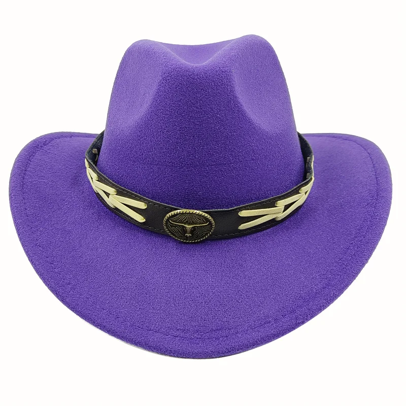 Dark purple Cowboy Hat New Jazz Knight hat cowboy hat monochrome felt hat men\'s and women\'s large brim outdoor hat