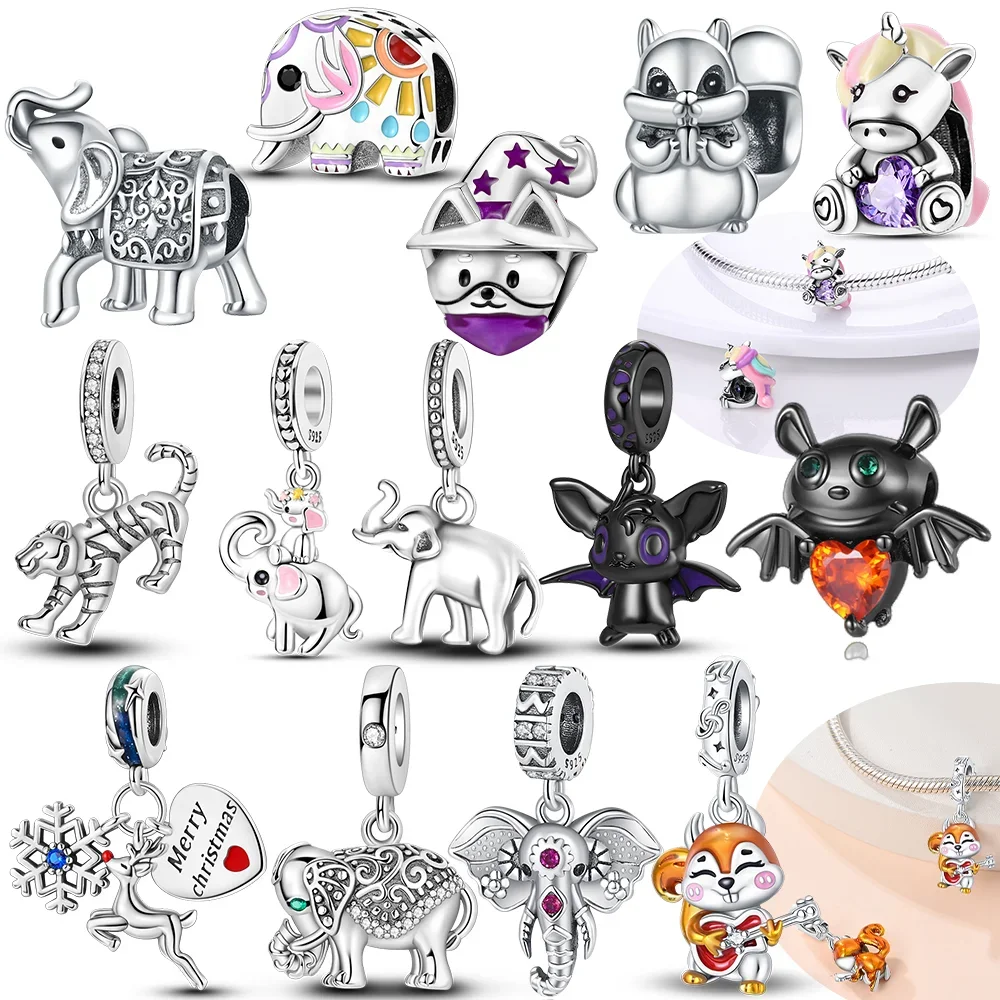 

925 Silver Original Elephant Mother Baby Pendant Heart Zircon Black Color Black Bat Bead Fit Bracelet Mother's Day Gift Diy