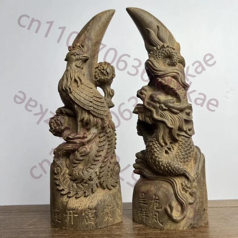 Hand-Carved Agarwood Dragon & Phoenix Statue - 11.8/7.9