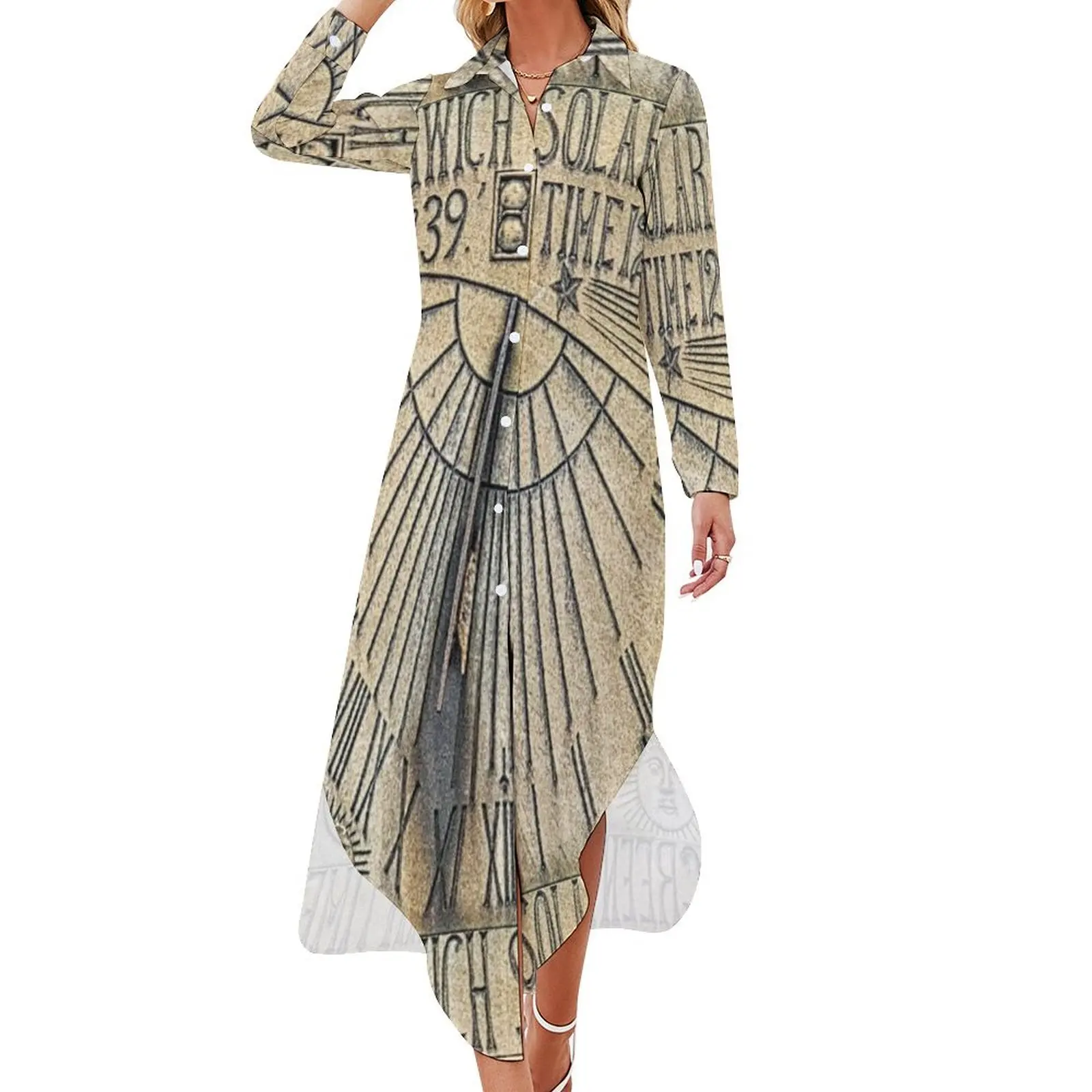 Greenwich Solar Time Sundial Long Sleeved Shirt Dress Party dresses Women's long dress luxury woman evening dress