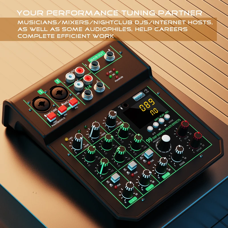 Reverb opname geluidskaart 4-kanaals professionele mengpaneel live-uitzending klein huishoudelijk podiuminstrument Audiomixer