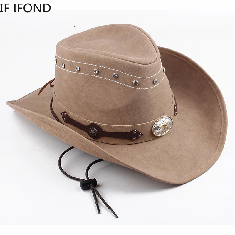 Classic 100% Leather Western Cowboy Hat For Men Gentleman Dad Godfather Caps Panama Cowgirl Jazz Hats Sombrero Hombre