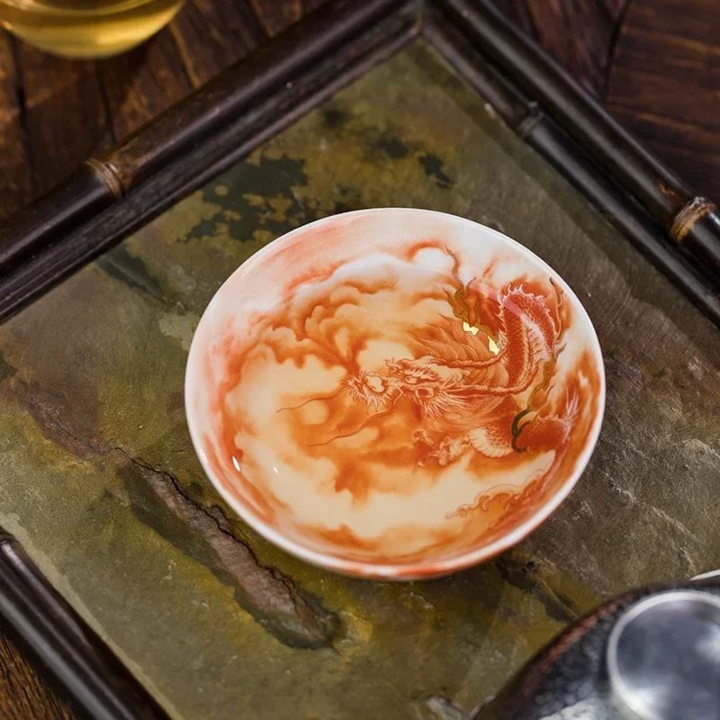 Jingdezhen Alum Red Wear Yunlong Pu'er Cup Ceramic Handmade Antique Personal Special Master Cup High-end Teacup Tea Tableware