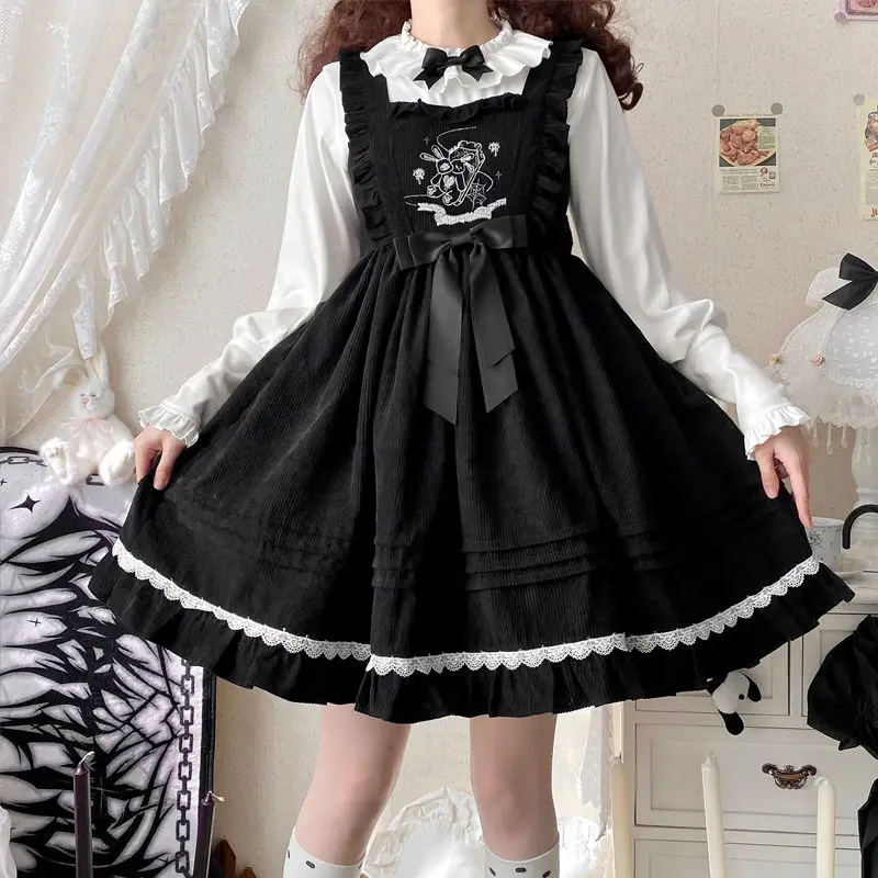 Coalfell {Stock}~ Origineel Ontwerp Schattige Winter Konijn Strik Lolita Vrouwen Jsk Band Zwarte Jurk Herfst/Winter Mini Jurk Vestido