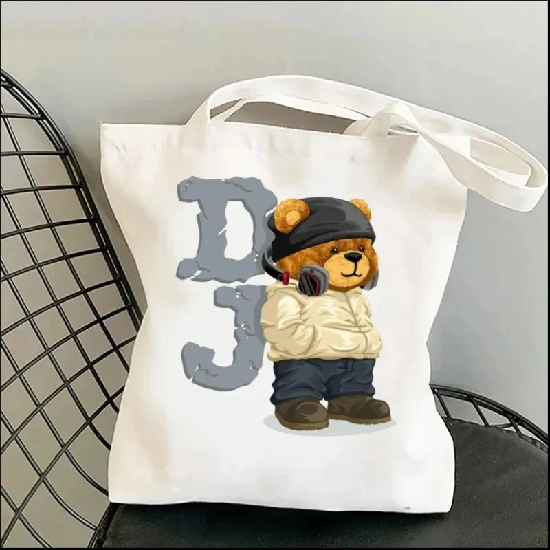 Fashion Cute Bear Ladies Canvas Handbag Fashion Shoulder Bag Eco-friendly Large Capacity Portable Travel Shopping Bag Gift