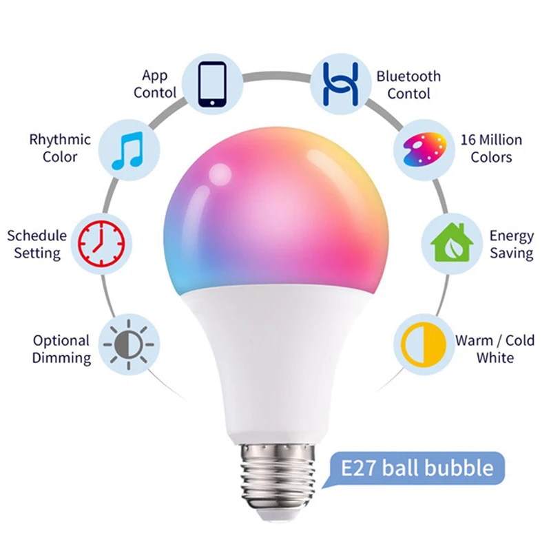 Lâmpada inteligente regulável para decoração doméstica, lâmpada LED RGB, controle de dente azul, E27, 15W