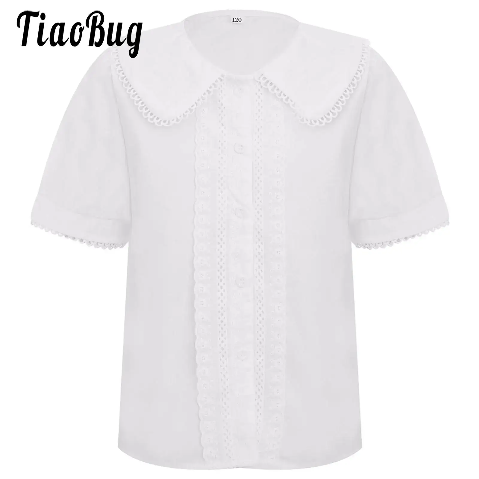 

Girls White Color School Shirts Cute Lace Trim Short Sleeves Button Top for Wedding Birthday Party Vacation Picnic
