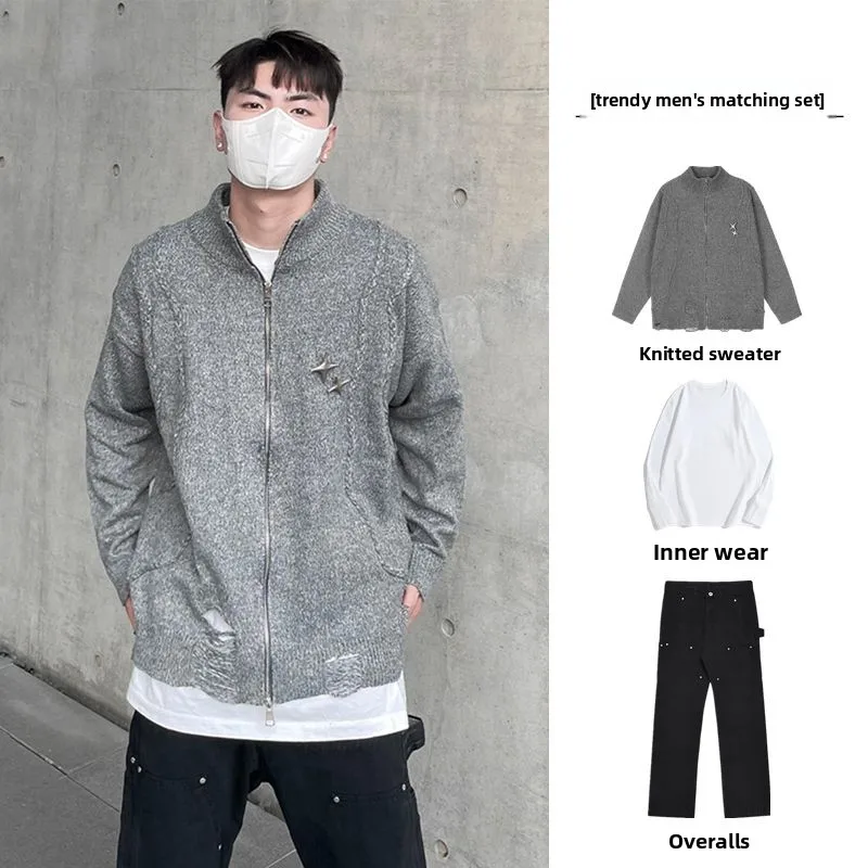 

Retro American Sle 2024 New Couple Sweater Set Hole High Street Stand Collar Open Cardigan Jaet Men's Long Sve Long Pants