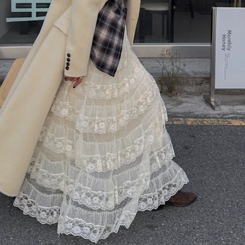 أنيقة شبه رسمية طول الركبة الدانتيل تول كعكة تنورة عادية عالية الخصر المرأة تنورة الربيع الصيف 2026 تخفيف Sle