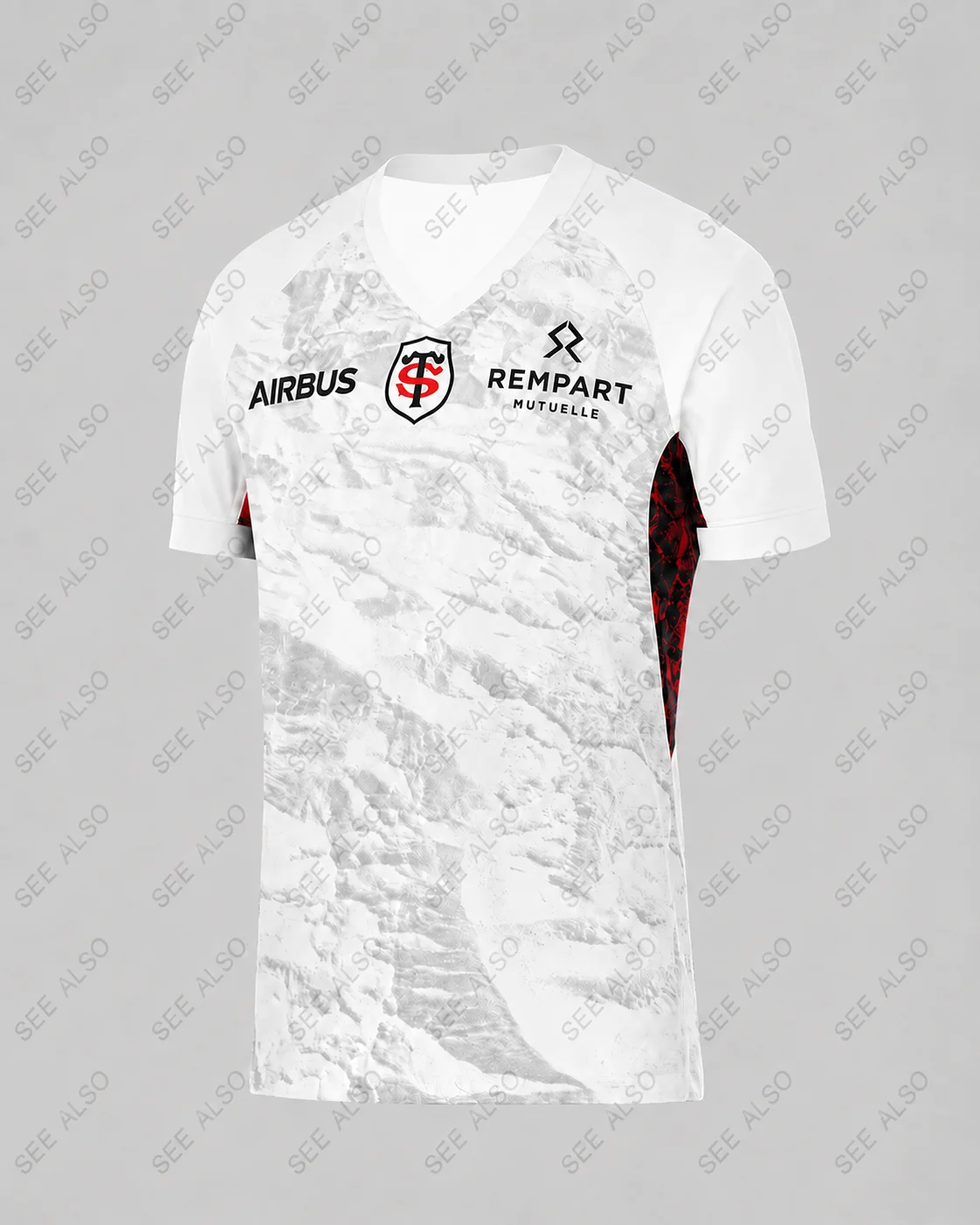 2026 Herren Damen Kinder Stade Toulousain Auswärts-Rugbytrikot Weiß Rot V-Ausschnitt Kurzarm Sublimiertes Fan-Sport-Trainings-Oberteil Fan-Geschenke