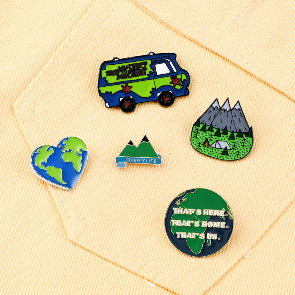 5 Style Environmental Protection Enamel Pins Metal Bus Earth Mountain Peak Brooches Women Men Lapel Pin Badges Jewelry Gift New