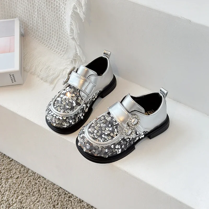 Jogerli Bling Fashion Leather Shoe For Kids Girls Sequined Black Silver Rubber Children School Dress Shoes For Party