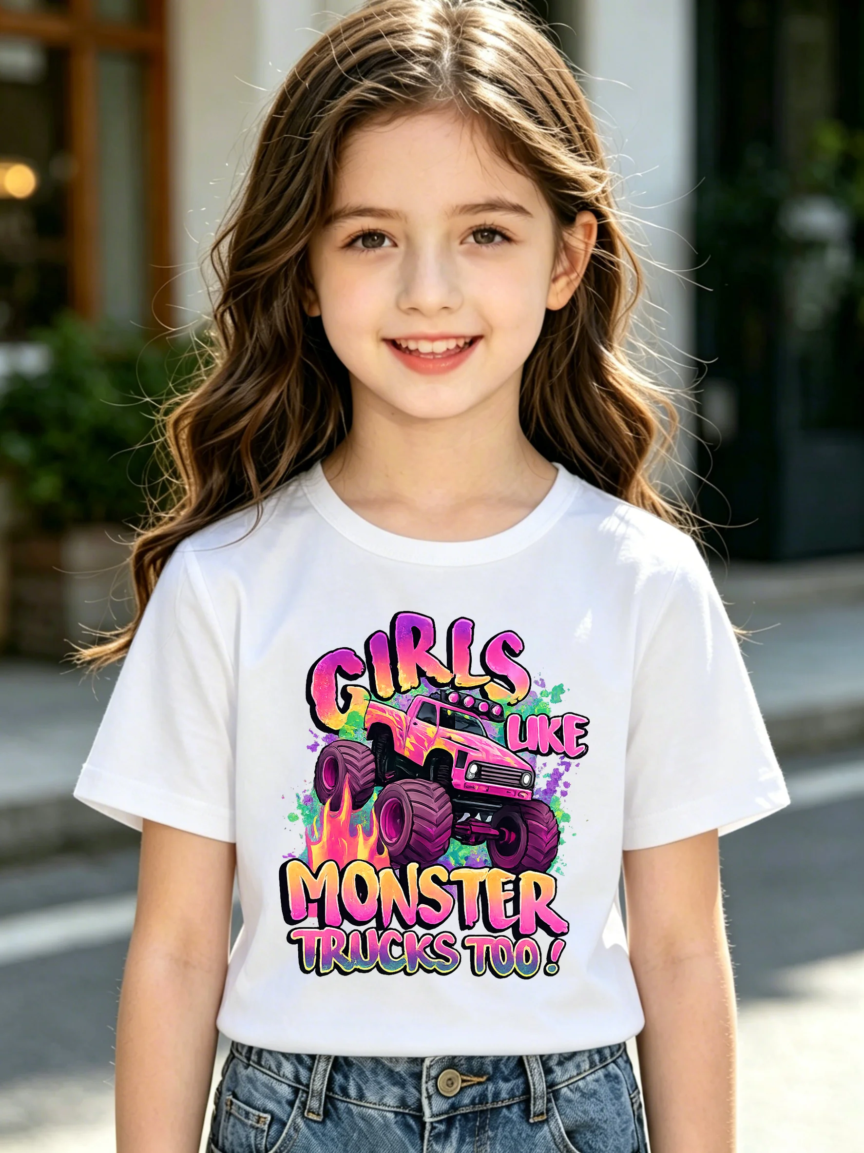 Girls Like Monster Trucks Too Kids T-shirt Pink Monster Truck Graphic Tee Girls Summer Short Sleeve Cotton Tops Children Cartoon