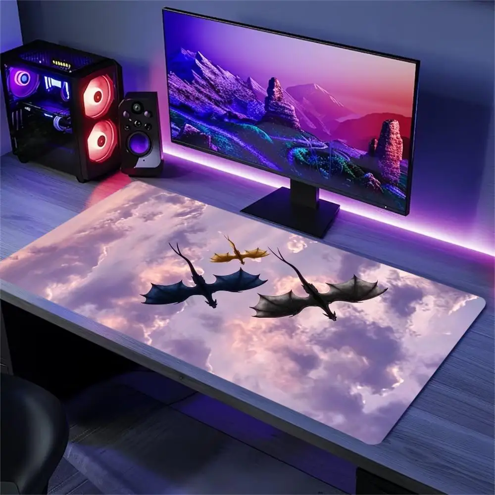 Dragon Silhouette Large Extended Gaming Mouse Pad Non Slip Desk Surface Fantasy Sunset Cloud Print