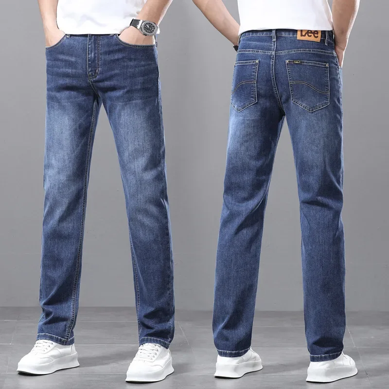 جينز كلاسيكي للرجال تصميم بسيط رفيع مستقيم فضفاض مرن للأعمال سراويل طويلة غير رسمية للربيع والصيف والربيع والصيف