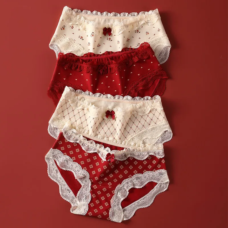 Lace Women's Panties Soft Sexy Breathable Comfortable Pure Cotton Underwear Mid-rise Bow Briefs High Elasticity Intimates