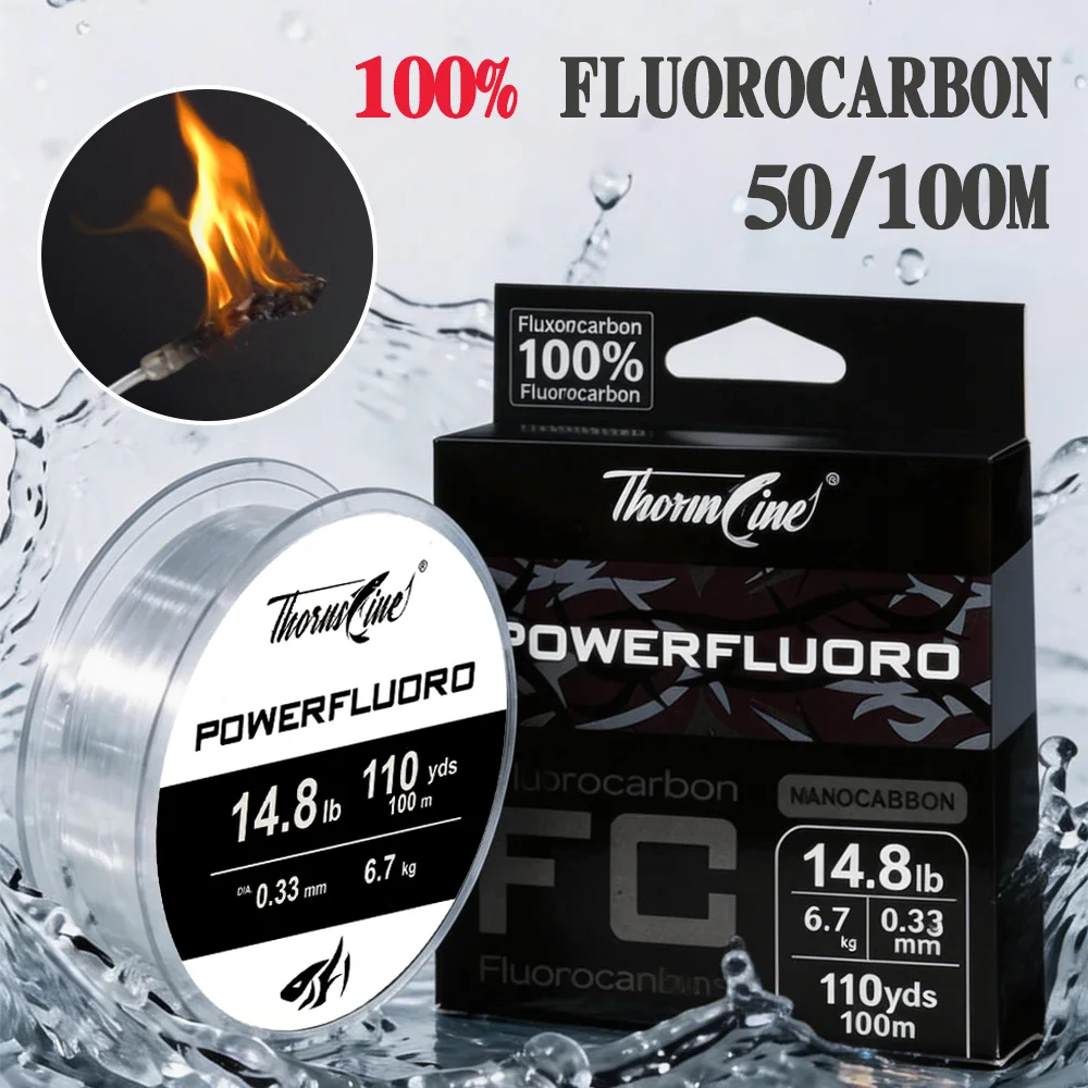 Thornsline Fluorocarbon Angelschnur 100% 50m 100m Hochreine Abriebfeste Niedrig-Memory Unsichtbare Schnur für Salzwasser und Süßwasser