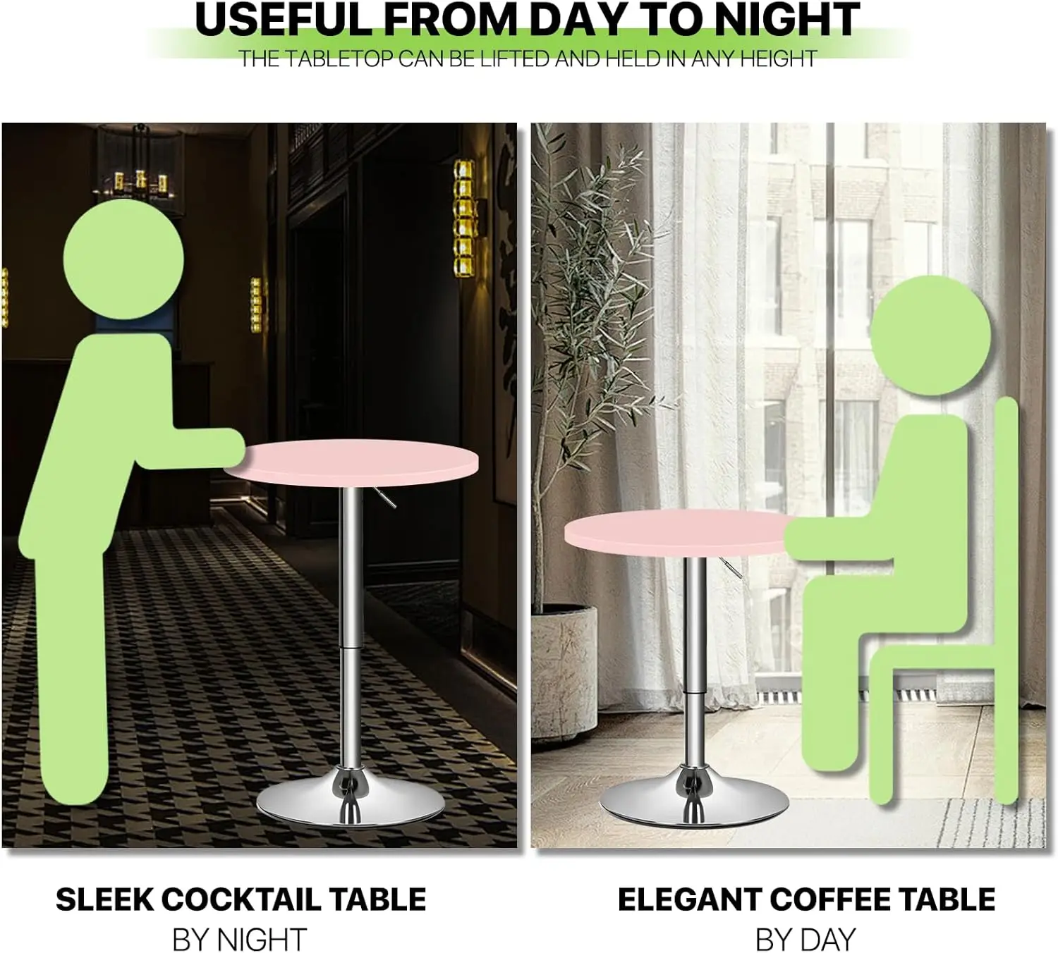 Round Adjustable Height Bar Table,, 360° Swivel MDF Top Pub Table for Dining, Café, Cocktail, Pink
