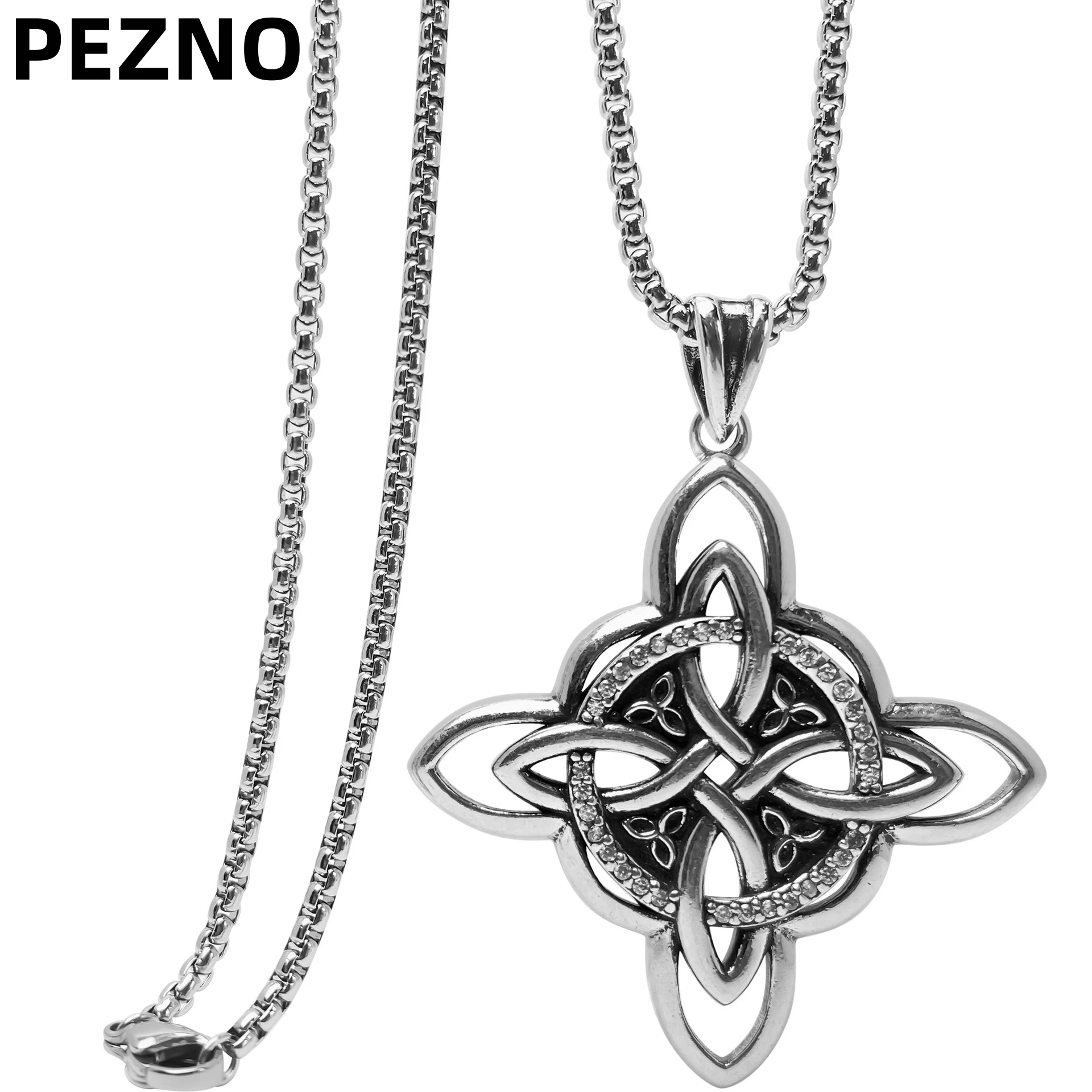 

PEZNO Stainless Steel Celtic Knot Pendant Necklace | Cubic Zirconia Inlay | Nordic Viking Jewelry for Men Gift