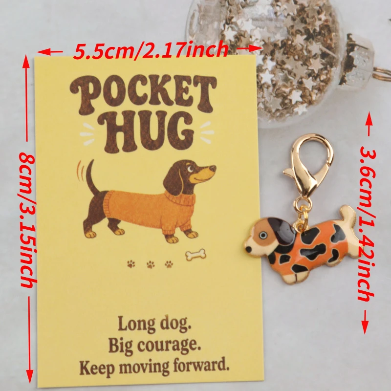 12pcs 2dPocket-sized keychain set featuring adorable dachshunds，Paired with bright yellow positive energy quote cards。Various Da
